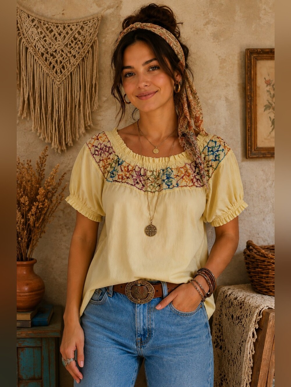 Vintage Womens Smocked Embroidered Off The Shoulder Top Size S/M L ILGWU Made
